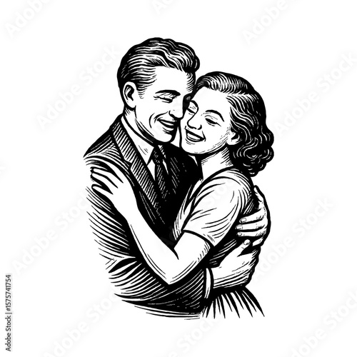 Happy Couple Embracing Smiling Together Classic Black and White Outline Line Art Drawing Vintage Style Illustration