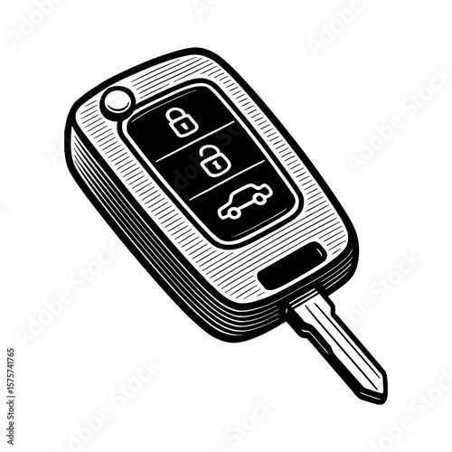 Modern Car Key Remote Fob with Buttons Black and White Outline Line Art Drawing Illustration Style Isolated Object