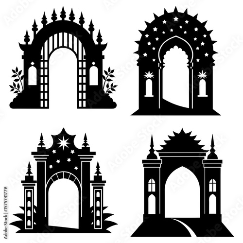 Collection of four different ornate archways and entrances in black silhouette designs and decorative elements