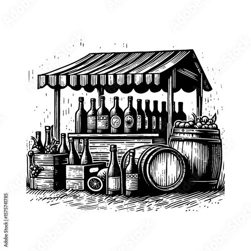 Traditional Wine Market Stall Booth with Bottles Grapes and Barrels Black and White Outline Line Art Drawing Vintage Style