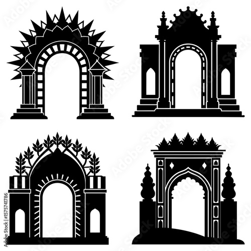 Four ornate archways in black silhouette showcase unique architectural designs and intricate detailing style