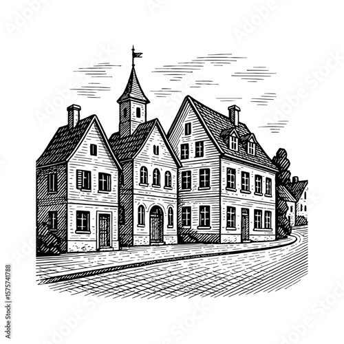 Old Town Street with Traditional European Buildings Black and White Outline Line Art Drawing Vector Illustration Vintage Cityscape