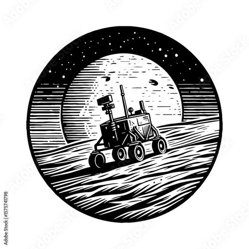 Mars Rover on Lunar Surface with Moon and Stars Black and White Outline Line Art Drawing Vector Illustration
