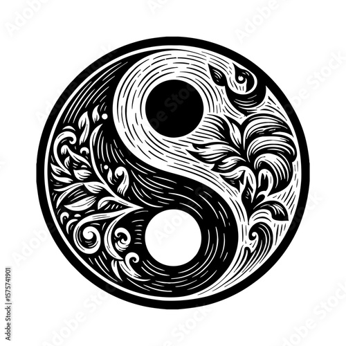 Traditional Intricate Floral Decorative Yin Yang Symbol Black and White Outline Line Art Drawing