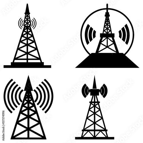 Four different communication towers with signals in black and white illustration style, vector format