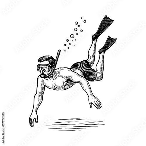 Man Snorkeling Diving Underwater with Mask Flippers and Snorkel Black and White Outline Line Art Drawing