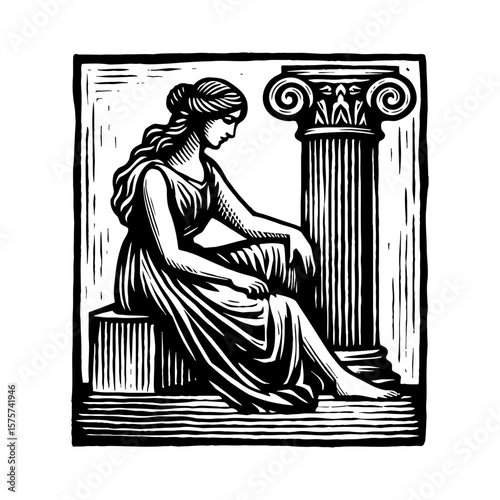 Detailed Classical Woman Sitting Serene Beside an Ancient Column in Black and White Outline Line Art Drawing