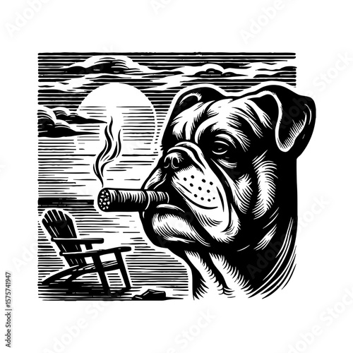 Bulldog Smoking Cigar with Adirondack Chair Sun Clouds Black and White Outline Line Art Drawing
