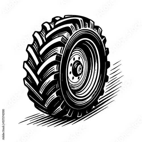 Dynamic Perspective of a Large Heavy Duty Vehicle Tire Black and White Outline Line Art Drawing