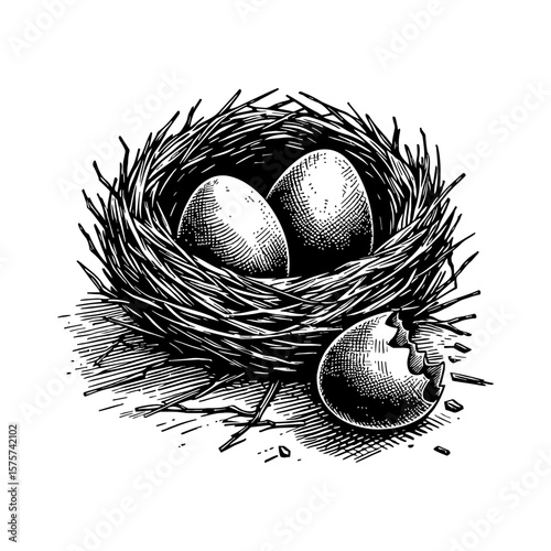 Detailed Birds Nest with Two Eggs and Broken Eggshell Black and White Outline Line Art Drawing