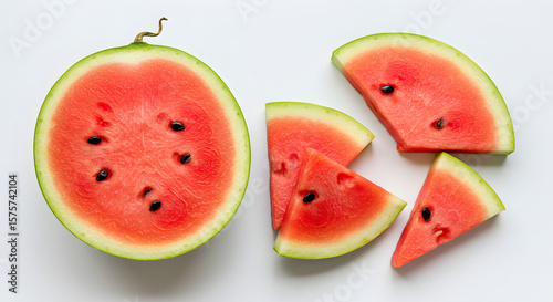 Fresh Watermelon Fruits and Juicy Slices in Top View – Summer Tropical Refreshment Concept

