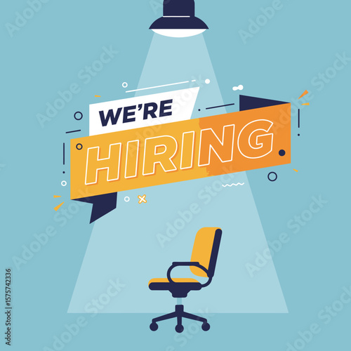 A vibrant illustration announces "We're Hiring" with a spotlight on an empty office chair, creating an engaging visual for recruitment campaigns and job postings.