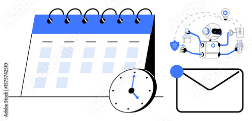 Calendar with clock, robot managing workflow, envelope representing communication. Ideal for planning, time management, AI automation, productivity, email marketing, project scheduling simple flat
