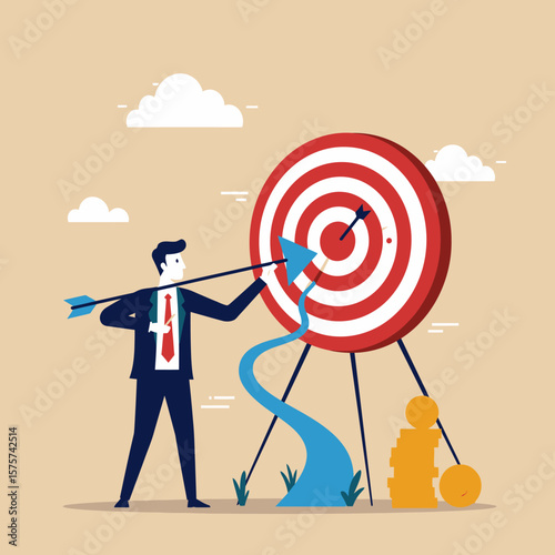 A businessman in a suit, aiming an arrow at a bullseye target, symbolizing strategic business goals and success in a competitive market environment.