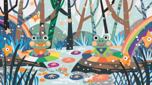 Two cartoon frogs in colorful floaties in a whimsical forest scene with rainbows and floating stars