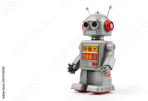 Grey vintage wind-up robot toy, isolated on white, tin toy, limbo