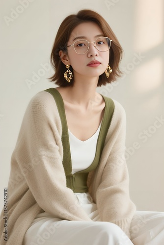 Elegant Woman in Cardigan and Glasses: A stylish woman with short hair and glasses, wearing a beige cardigan and green top.