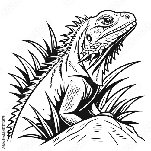 Iguana Reptile Monochrome Line Art Illustration Majestic Pose Tropical Setting