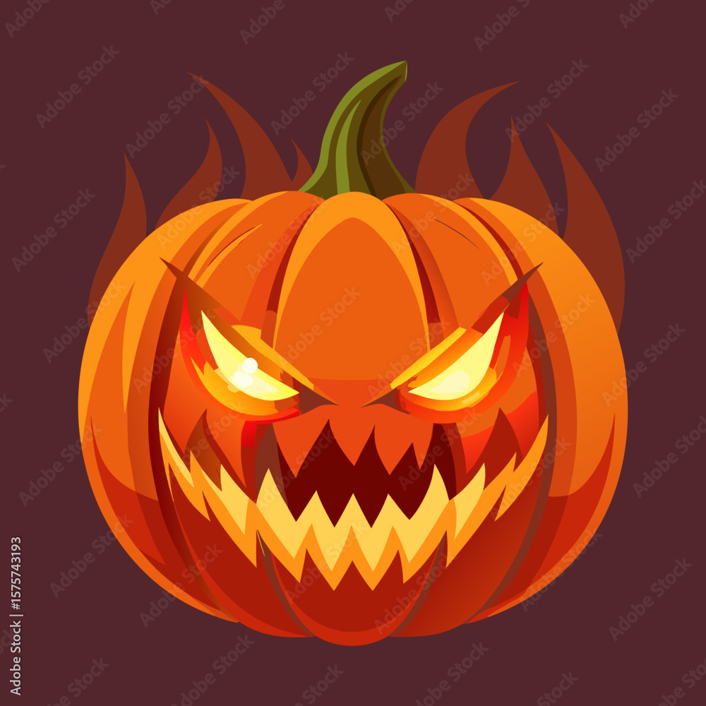 Fototapeta premium Scary jack o lantern with glowing eyes and fiery flames on a dark background