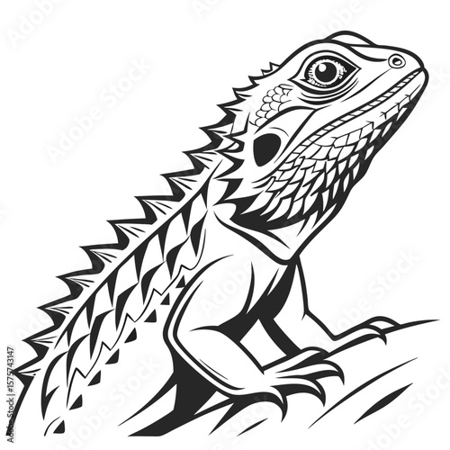 Bold Black and White Bearded Dragon Illustration Powerful Majestic Reptile Portrait Vector Graphic Design