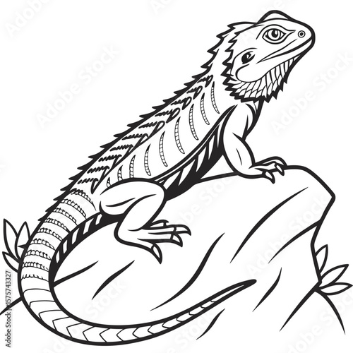 Bearded Dragon Lizard on Rock Line Art Monochrome Majestic Reptile Illustration