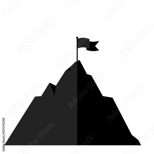 A black silhouette of a mountain peak with a flag on top, symbolizing success, achievement, and reaching the summit of a goal, perfect for business or motivational presentations.