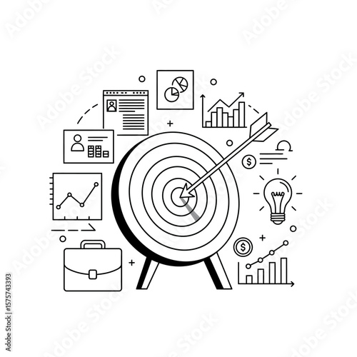A vector illustration depicts a bullseye with an arrow hitting the center, surrounded by business and financial icons, representing goals and success.