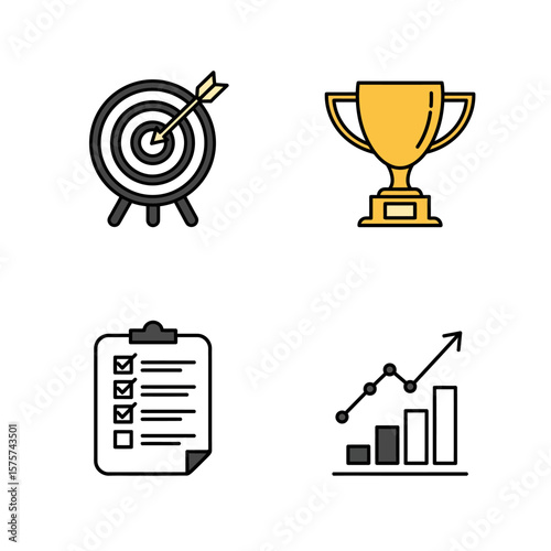 A collection of business and success-themed icons, including a bullseye with an arrow, a golden trophy, a checklist, and a rising bar graph, all illustrated with a clean, modern style.