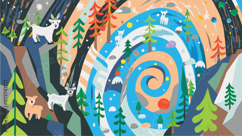 Illustration of goats in a whimsical landscape with swirling skies and stylized trees and mountains