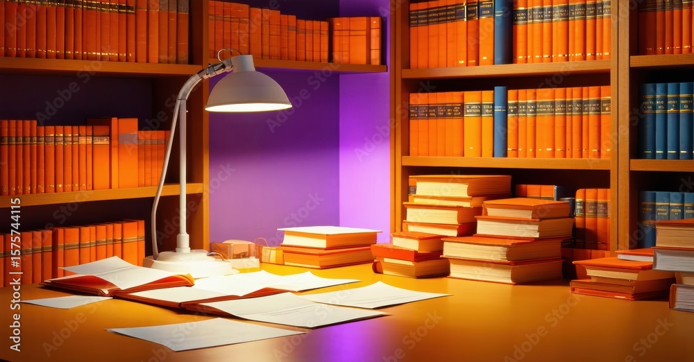 Fototapeta premium Bookshelves filled with orange books. Lamp illuminates papers, stacks on desk. Warm tones create cozy study space.