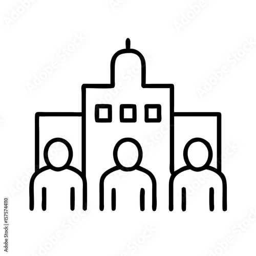 Three people standing in front of a building in minimal line art style  