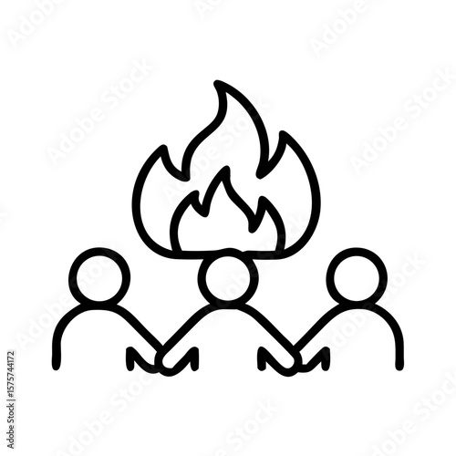 People sitting around a campfire with flames above their heads  