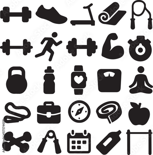 Collection of fitness and health icons including weights running and healthy food items displayed
