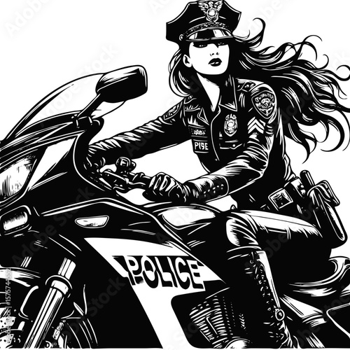 Police woman with long hair on a motorbike. Black and white illustration