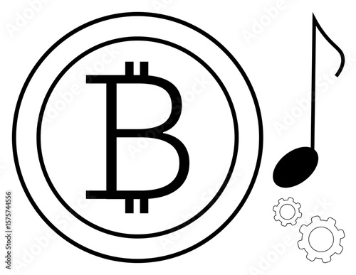 Bitcoin symbol in a coin design, music note, and mechanical gears suggesting technological creativity, blockchain, fintech concepts. Ideal for cryptocurrency, blockchain, fintech, music industry