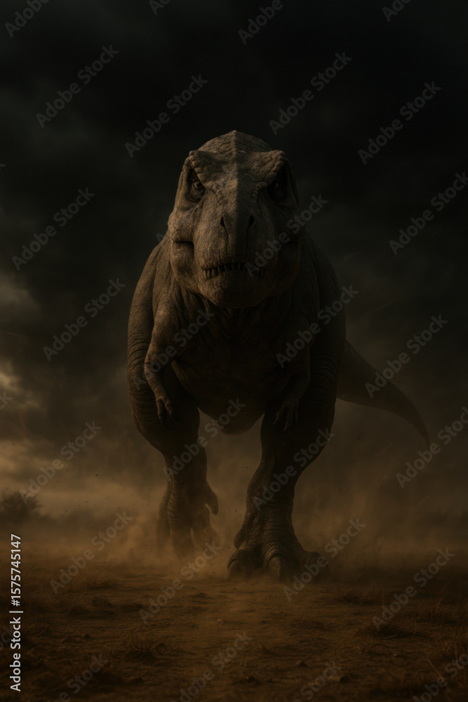 Fototapeta premium Tyrannosaurus rex charging through dust in dark landscapeFerocious T-Rex running forward under stormy sky