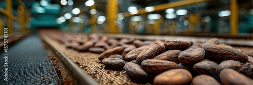 Cocoa beans drying on a conveyor belt in a processing facility during the afternoon hours