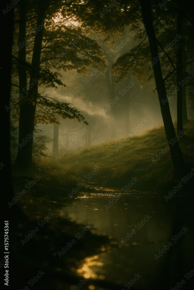 Fototapeta premium Enchanted forest with mist and stream at dawnMysterious woodland scene with morning fog and light