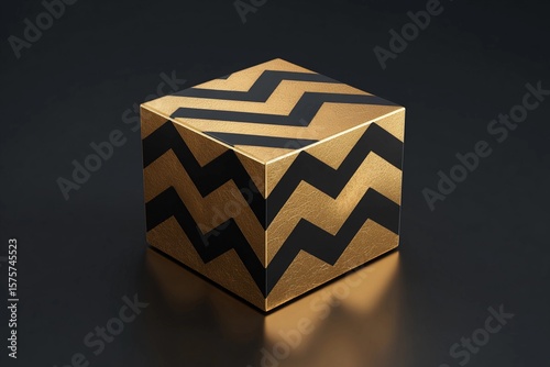 Shiny Gold Chevron Pattern on a Sleek Black Cube Creates Striking Modern Decor Generative AI