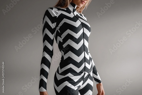 Bold Monochrome Chevron Pattern Suit Highlights Stylish Athletic Wear in Studio Generative AI