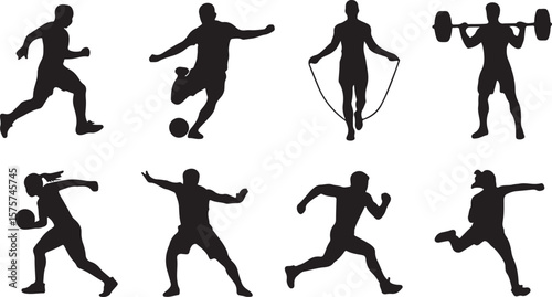 Athletic figures performing various sports and exercises silhouette running