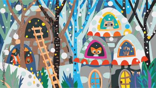 Illustration of whimsical treehouses with animals in windows during a snowfall scene in the forest