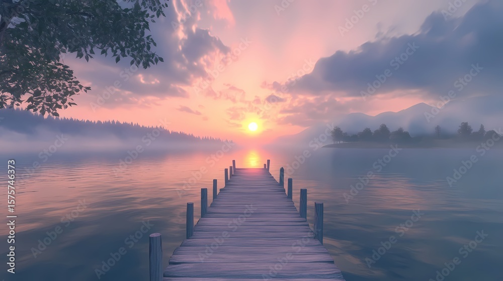 Fototapeta premium Serene sunrise over a tranquil lake with a wooden pier.