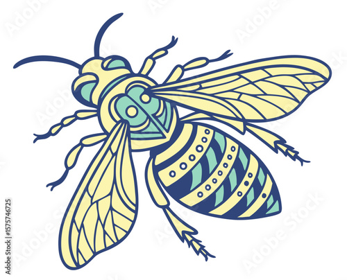 Stylized illustration of a bee with detailed patterns and colors  