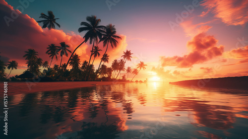 Tropical beach sunset with palm trees, orange sky reflection in calm sea, 