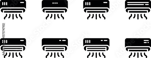 Eight Modern Air Conditioner Icons:  Black, Minimalist, HVAC System Graphics