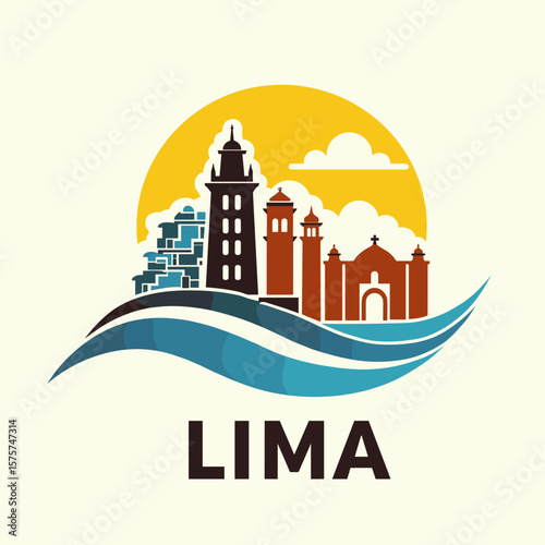 Flat vector of Lima with lighthouse, churches, coastal cliffs and ocean waves, in warm and vibrant tones