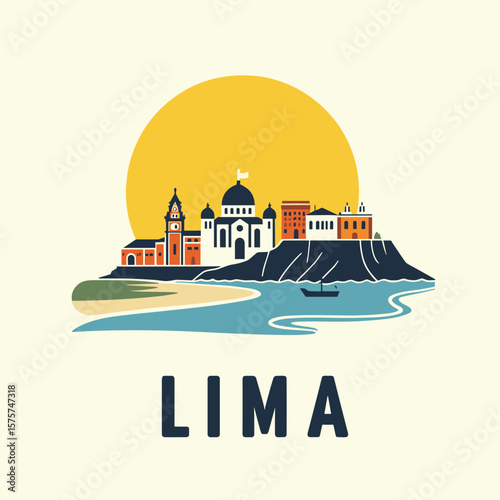 Vector of Lima with colorful domes, ocean shore, cliffs and bright sun, capturing the coastal identity of the Peruvian capital