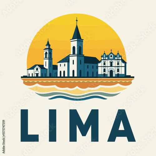 Stylized vector of Lima with colonial churches, sunset, and waves, showing cultural richness and coastal charm