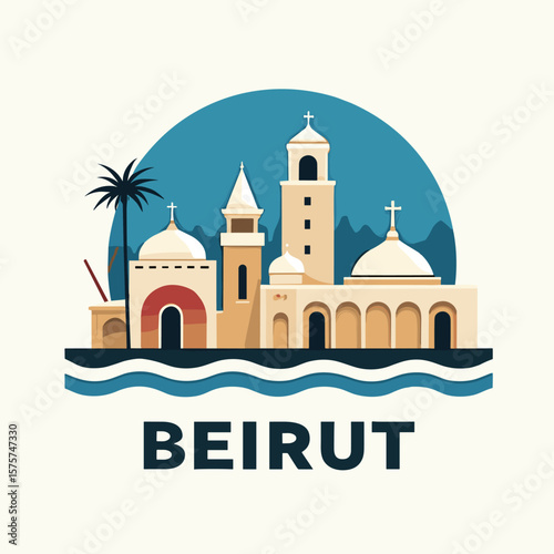 Vector of Beirut with religious domes, minarets, palm tree and waterfront architecture in warm Mediterranean tones